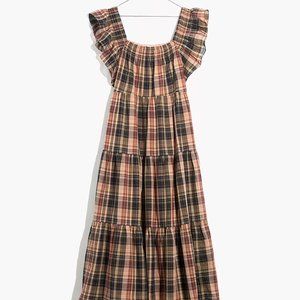 Madewell Flutter-Sleeve Tiered Midi Dress in Plaid (NWT)